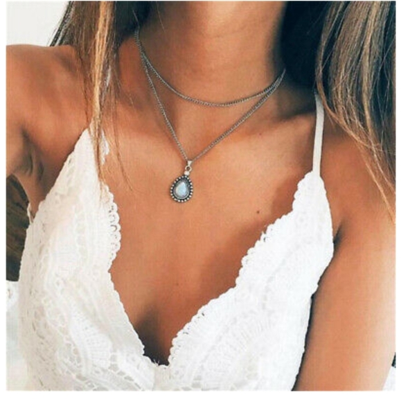 NWT MULTILAYER DRIPPING OPAL CHOKER SILVER CHAIN - Picture 4 of 7